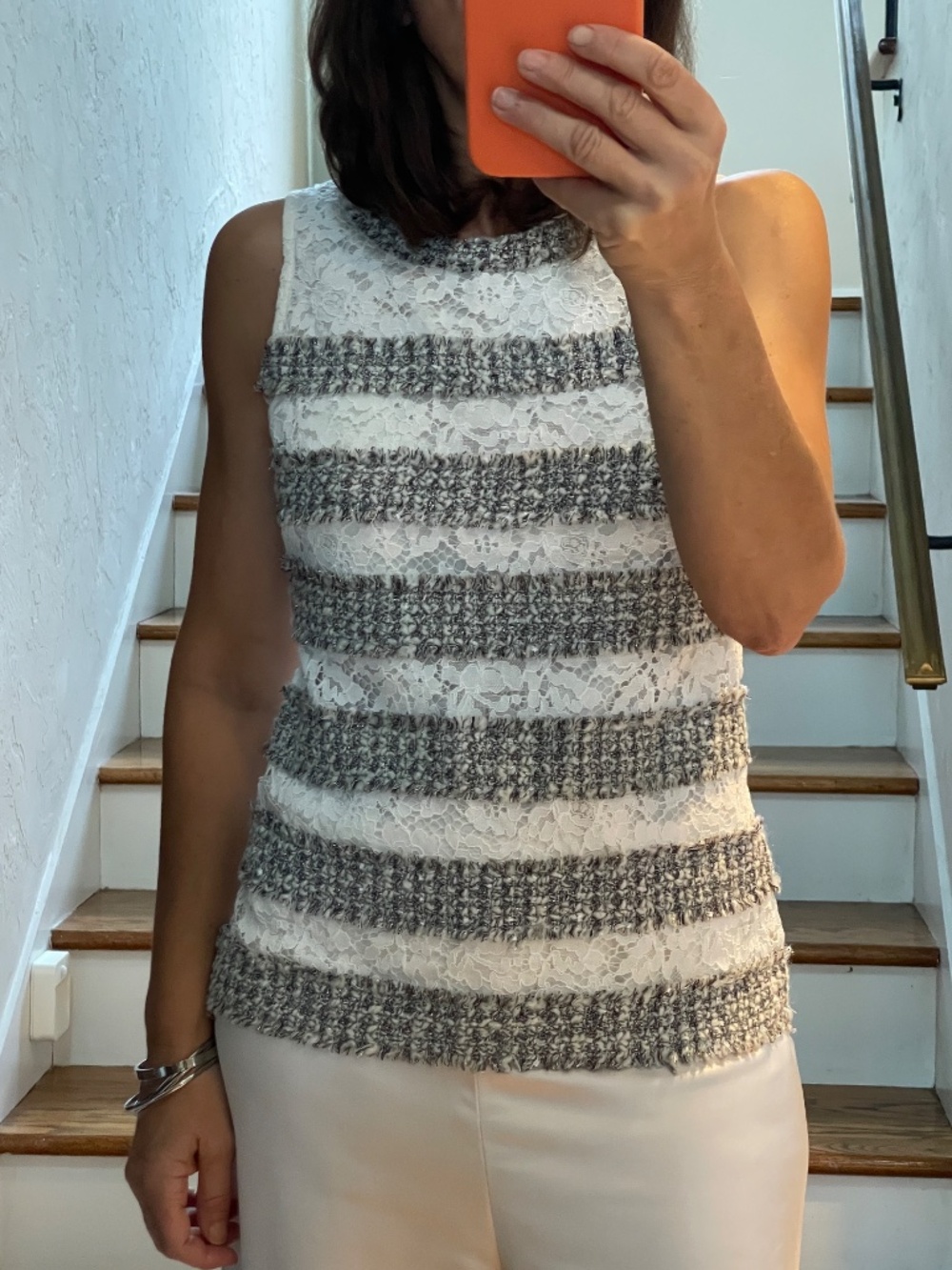 J Crew gray tweed knit white lace stripes formal tank top women XS